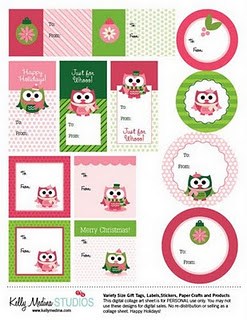 pink green owl holiday gift tags