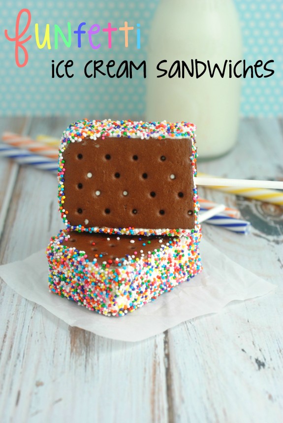 Every summer party needs delicious ice cream- like this homemade Funfetti Ice Cream Sandwiches recipe! They’re easy to DIY and are such a cute and delicious dessert!