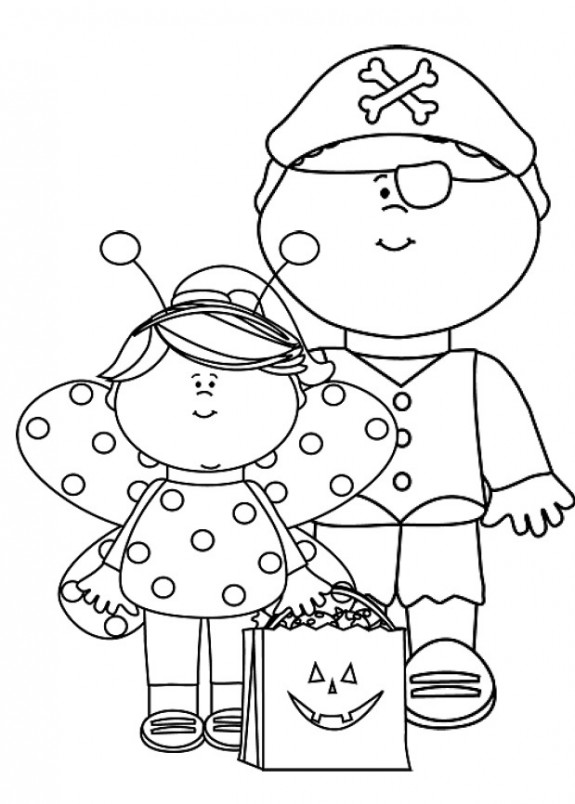 Free Brother and Sister Trick or Treating Coloring Page for Halloween