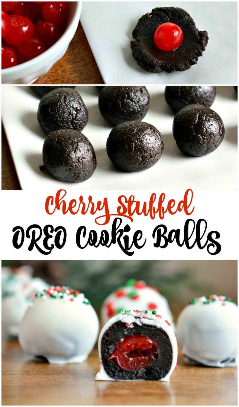 Cherry Stuffed OREO Cookie Balls Recipe-- No bake and a great holiday recipe. Great for Christmas Cookie exchanges!