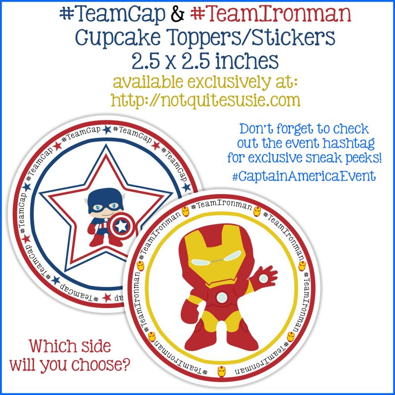 Free Printable Captain America Cupcake Toppers- Team Cap and Team Iron Man Cupcakes to Celebrate Captain America Civil War!