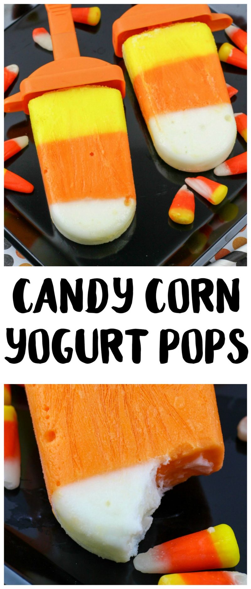 These Candy Corn Yogurt Pops are an easy, delicious way to get your fix of one of the best kinds of Halloween treats! These ice pops taste like desserts but are actually healthy, and are an easy recipe to enjoy- no baking required!