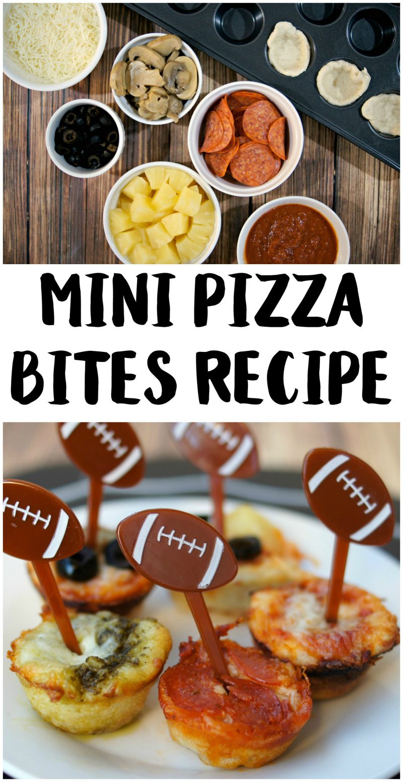 If you’re looking for a delicious, easy to customize appetizer for your next football party or tailgate, try these easy Mini Pizza Bites! You can add whatever toppings you like {think mushrooms, pepperoni, sausage, pineapple, bacon, olives- whatever!} and when you bake them in the Wilton Perfect Results Mega Muffin tin you get 48 of them per batch! That’s one way to win on game day! 