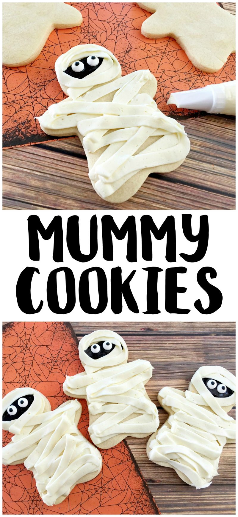 These easy DIY Homemade Halloween cookies taste like sugar cookies with a hint of pumpkin- and they are decorated like mummies! While they look super cute, they are easy to make and they’re one of my favorite Halloween recipes for kids.