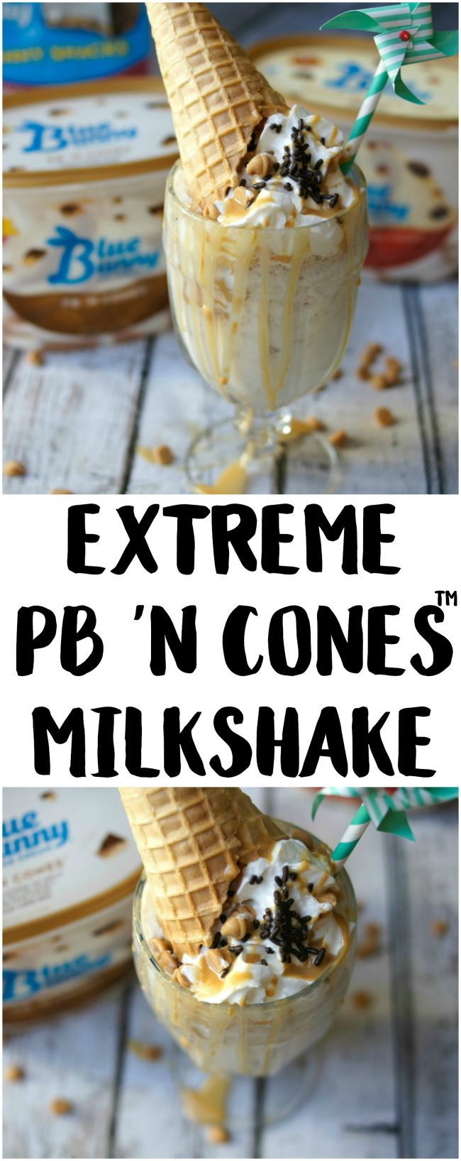 Have you ever had an extreme milkshake? They are popping up in restaurants around the world and each one of the ideas is more crazy than the next! Now you can DIY one at home, whether for parties or just desserts! This Extreme PB ‘N Cones Milkshake recipe is filled with peanut buttery goodness, a touch of chocolate sweets, and a real ice cream cone on top!