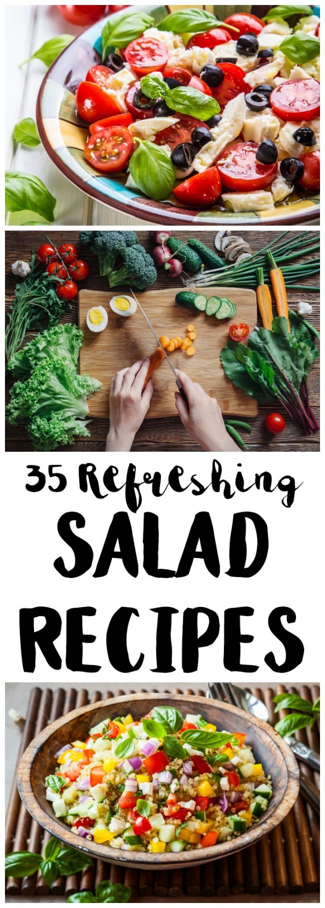 My favorite food in the summer is salads! They are light, easy, and healthy and just taste so good. They are also easy to customize, as evidenced by these 35 refreshing salad recipes! These salads are filling enough to eat for dinner and range from a simple chopped cobb salad to various chicken and pasta salads to anything else green you could think of!