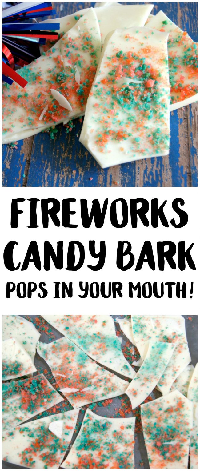 This easy 4th of July inspired red, white and blue candy bark recipe is so much fun to make- and even more fun to eat! This candy pops when you eat it for a fireworks show right in your mouth! You could use this idea for other holidays too, like birthday parties, Christmas, or even Halloween. Just pick any color from the rainbow for your chocolate and your candy!