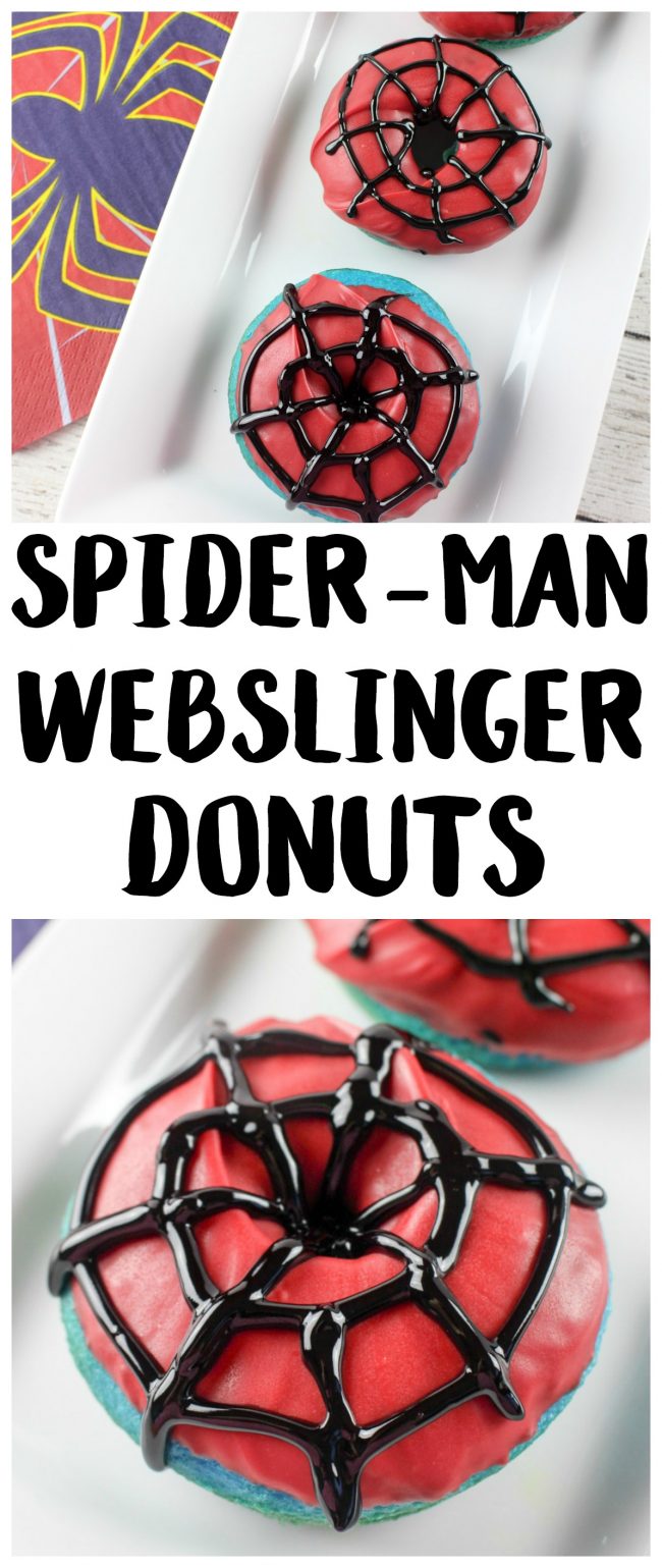 Have you seen the trailer for the new movie Spider-Man: Homecoming? It looks really good- and so funny! These DIY homemade Webslinger Donuts use cake mix and they’re baked, not fried, so they’re really easy to make. With the super cute Spider-Man icing, they would be the perfect breakfast recipe for after a birthday party sleepover or really any time!