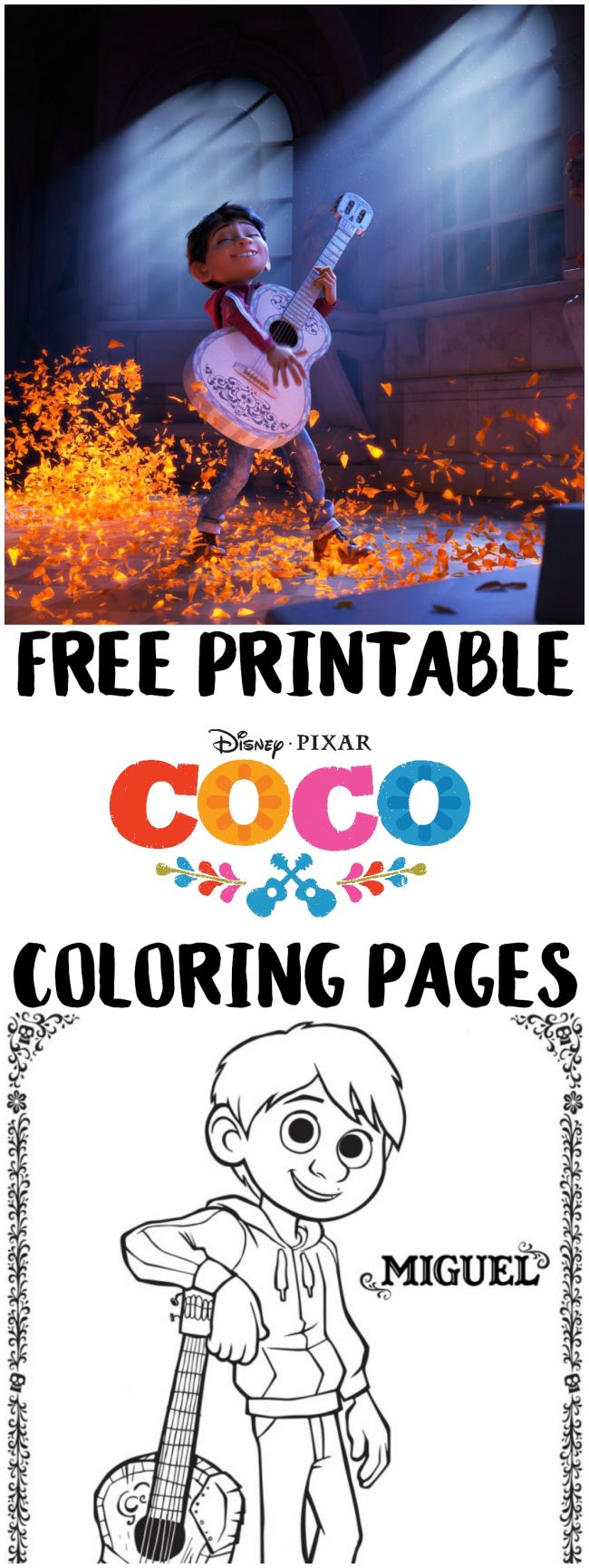 Excited for Disney Pixar's new film Coco? Come check out these free printable coloring and activity pages featuring Miguel, Dante, Hector, and more before this Dia de los Muertos movie comes out this Thanksgiving!