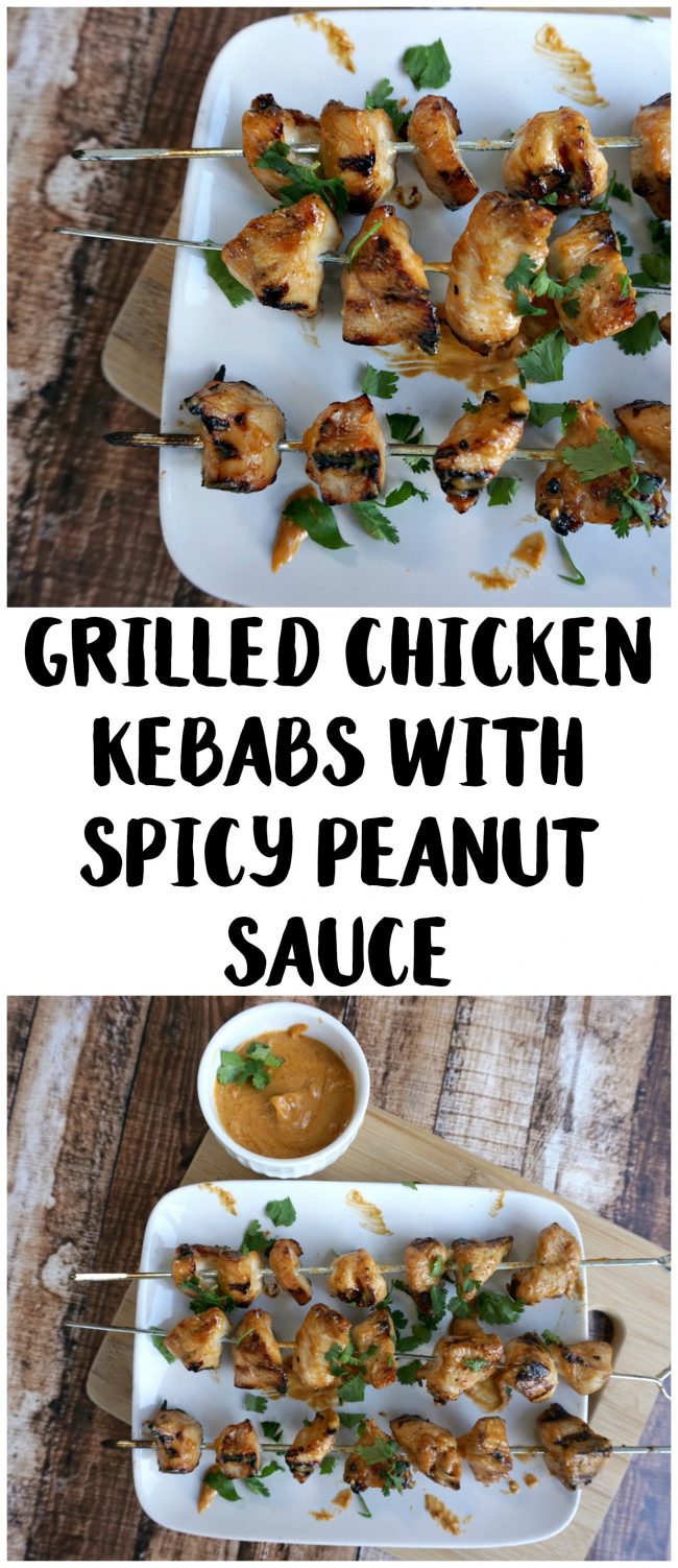 Looking for a great summer recipe you can throw on the grill? Check out this Grilled Chicken Kebabs with Spicy Peanut Sauce recipe! They’re super easy- just marinade the chicken, make a three ingredient sauce, put the chicken on skewers and pop them on the grill!