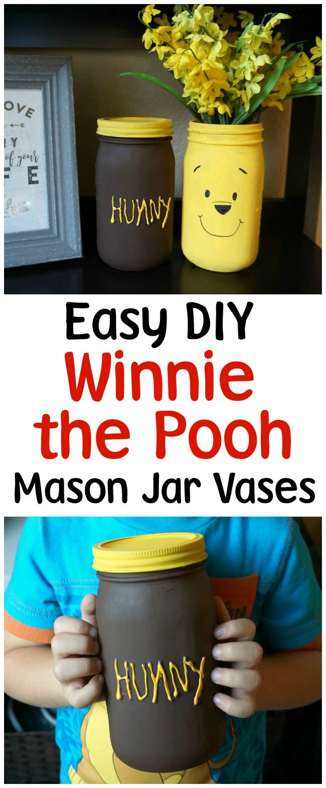 Winnie the Pooh is full of so many adorable characters and memorable quotes- and Disney’s Christopher Robin is sure to be the same! I can’t wait to visit the Hundred Acre Wood again and to celebrate, I made these adorable painted DIY mason jar vases featuring Winnie the Pooh and his Hunny Pot. You could use these vases for flowers, as a centerpiece for a baby shower, or as storage in the nursery for baby keepsakes! The vases can even be repurposed for older kids as bathroom storage!