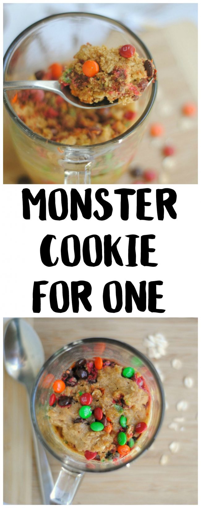 Is your sweet tooth craving something yummy? Try one of these super easy Monster Cookies! Make them with just a few ingredients- they take just one minute in the microwave and you can make them in your favorite cute mug! They have peanut butter {you can omit to make them peanut-free}, oats, and of course, M&M’s candy. 