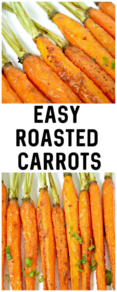 Need a delicious but simple side dish? Try this Easy Roasted Carrots recipe! This healthy cooked carrot recipe doesn’t use a brown sugar glaze- it amps up the flavor with honey, balsamic vinegar, and other great ingredients.