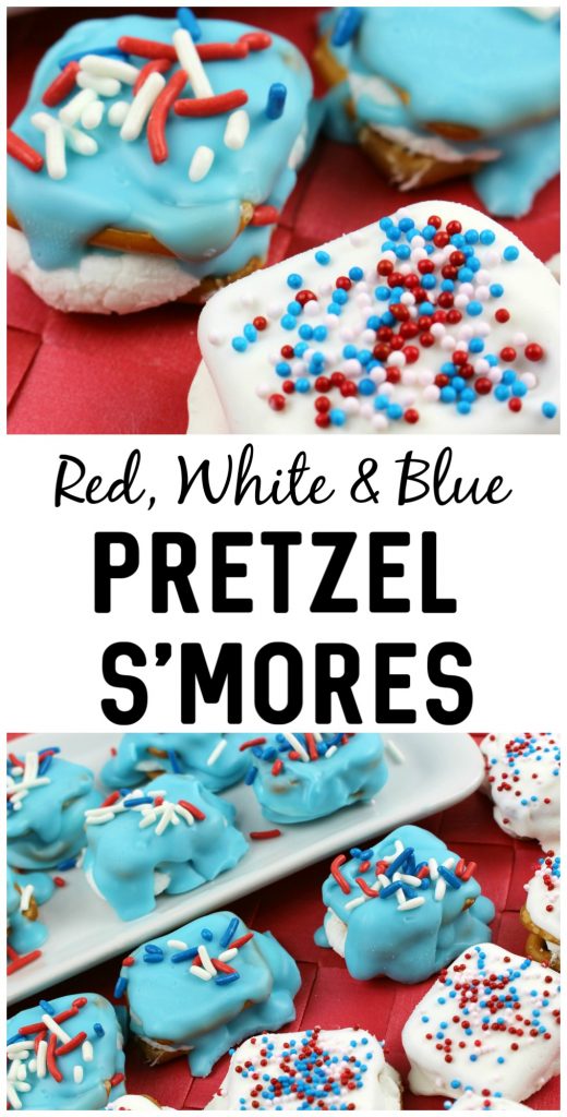 Looking for food and decoration ideas for your 4th of July Party or Backyard BBQ? These Patriotic Pretzel S’mores do double duty as a tasty dessert that looks pretty enough to be a decoration. The best part? It’s a super easy recipe and they only take a few minutes to make!