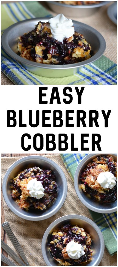 This easy blueberry cobbler recipe is the best! It only uses 4 ingredients- pie filling, cake mix, butter, and cinnamon- and tastes like it was homemade from scratch. It’s the perfect recipe for a lazy summer day!