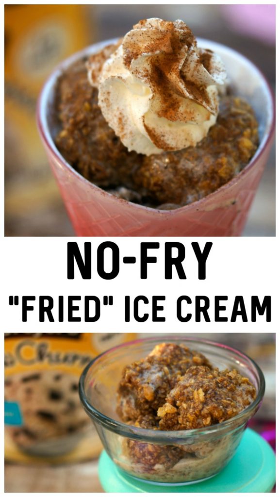 Fried ice cream is a delicious Mexican dessert- but you can have a homemade no fry version with this easy recipe! No deep fry is needed for this delicious recipe, just some corn flakes, a few delicious ingredients, and of course- ice cream! #icecream #recipes #dessert