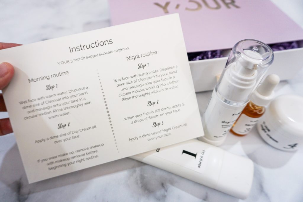 Bottles of skincare and instruction sheet