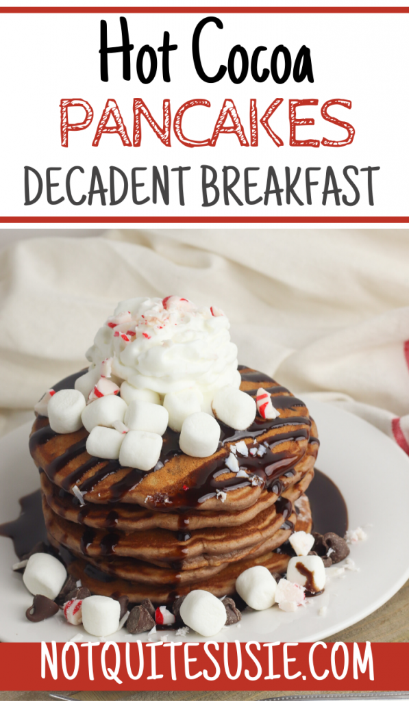 Looking for a delicious easy homemade pancake recipe for a special occasion like Christmas? These fluffy hot cocoa pancakes are made from scratch and garnished with peppermint for kids to enjoy the holidays!