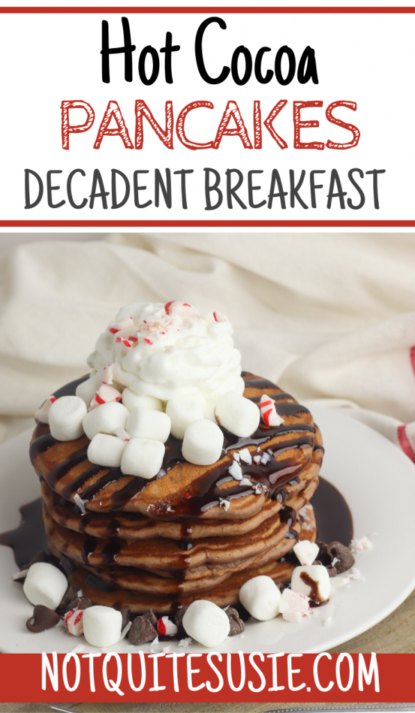 Looking for a delicious easy homemade pancake recipe for a special occasion like Christmas? These fluffy hot cocoa pancakes are made from scratch and garnished with peppermint for kids to enjoy the holidays! 