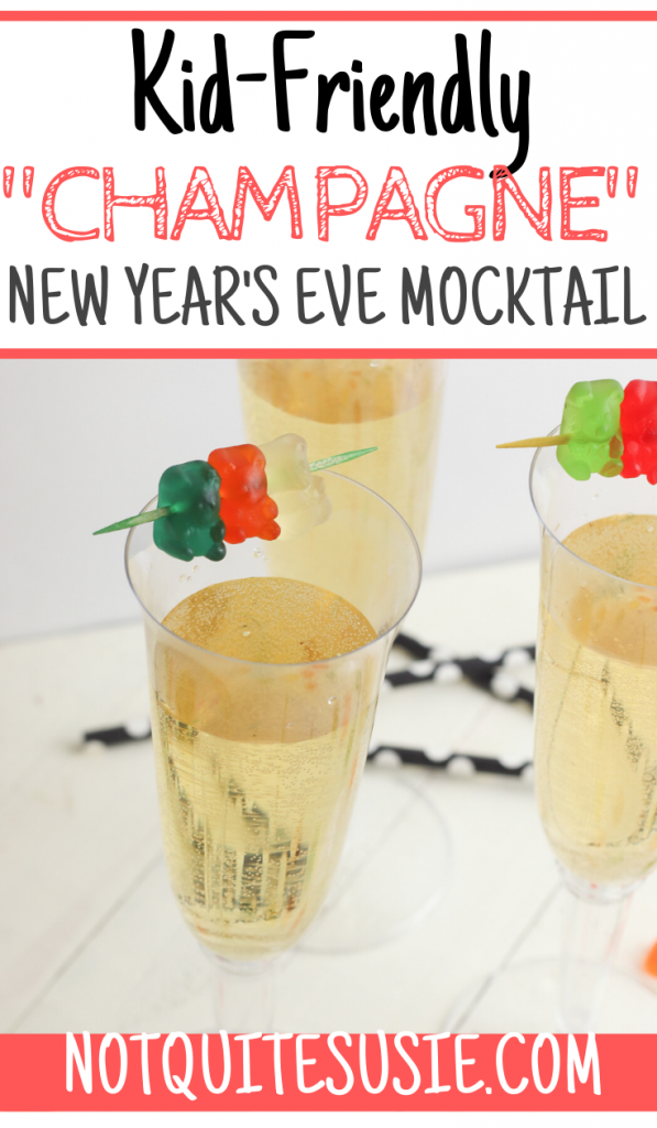 Need a non alcoholic kid friendly mocktail recipe for New Year’s Eve or other special celebrations? You won’t find one easier than this! With just two ingredients- three if you add the optional gummy bear garnish- you’ll ring in the New Year in style and celebrate!