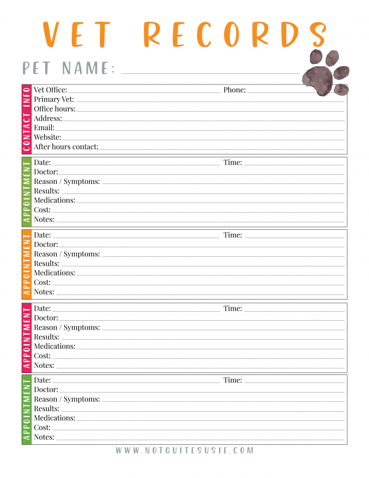 Free Printable Pet Vet Records Chart